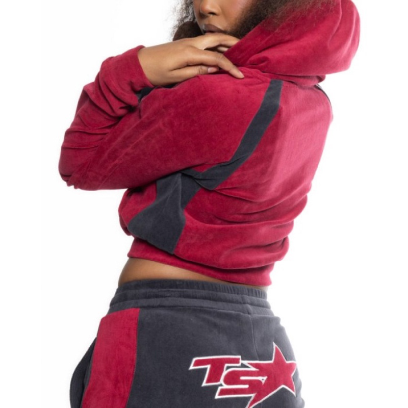 Trapstar TS-Star Contrast Panel Velour Hoodie Hoodie Damen Bordeaux Schweiz | YO09-223